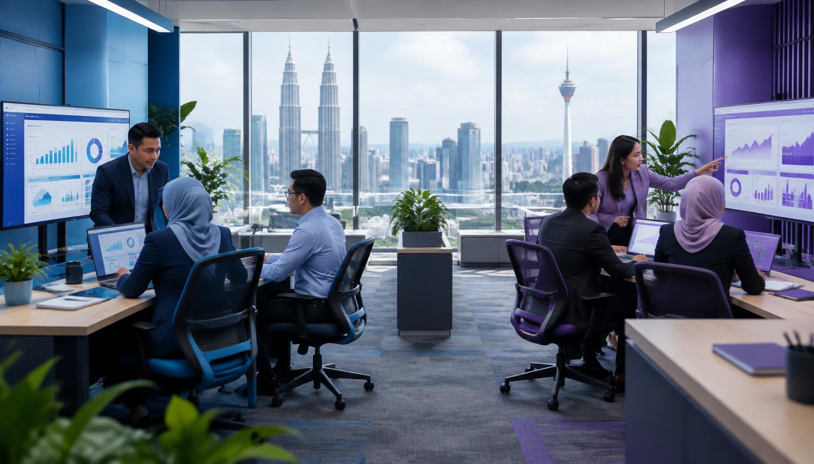 Malaysian consultants comparing business systems in a Kuala Lumpur office