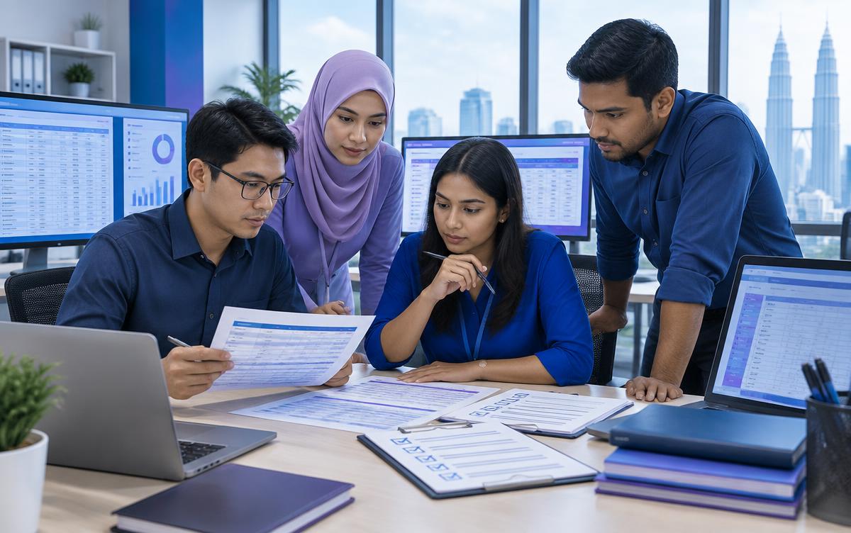 A Malaysian project team reviewing records before an ERP data migration